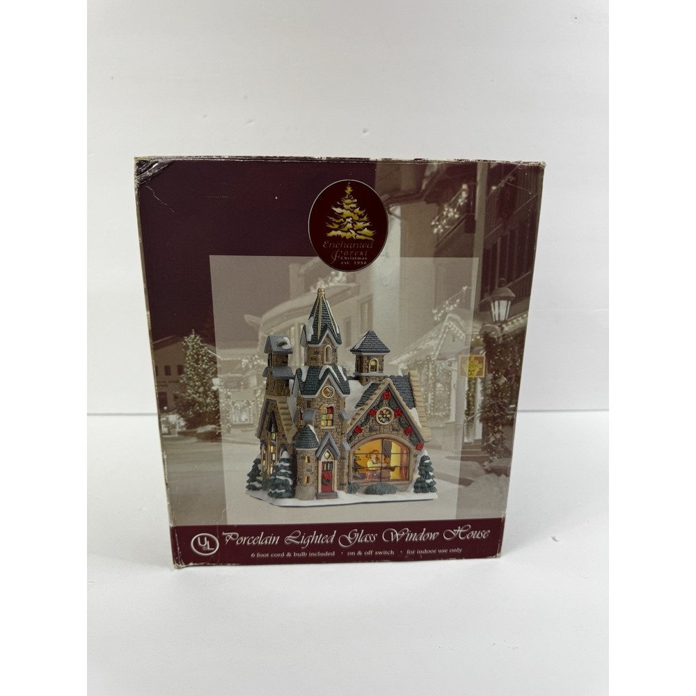 Enchanted Forest Porcelain Lighted Glass Window House Church Working Tested